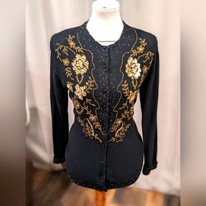 Vintage Eve Hong Kong Black Cardigan with gold floral beading & Sequins Size L